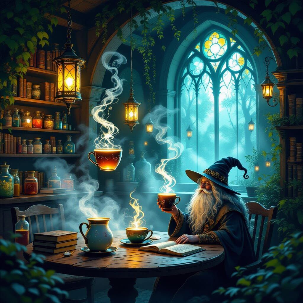 Mystical Forest Cafe With Glowing Coffee and Floating Lanter...