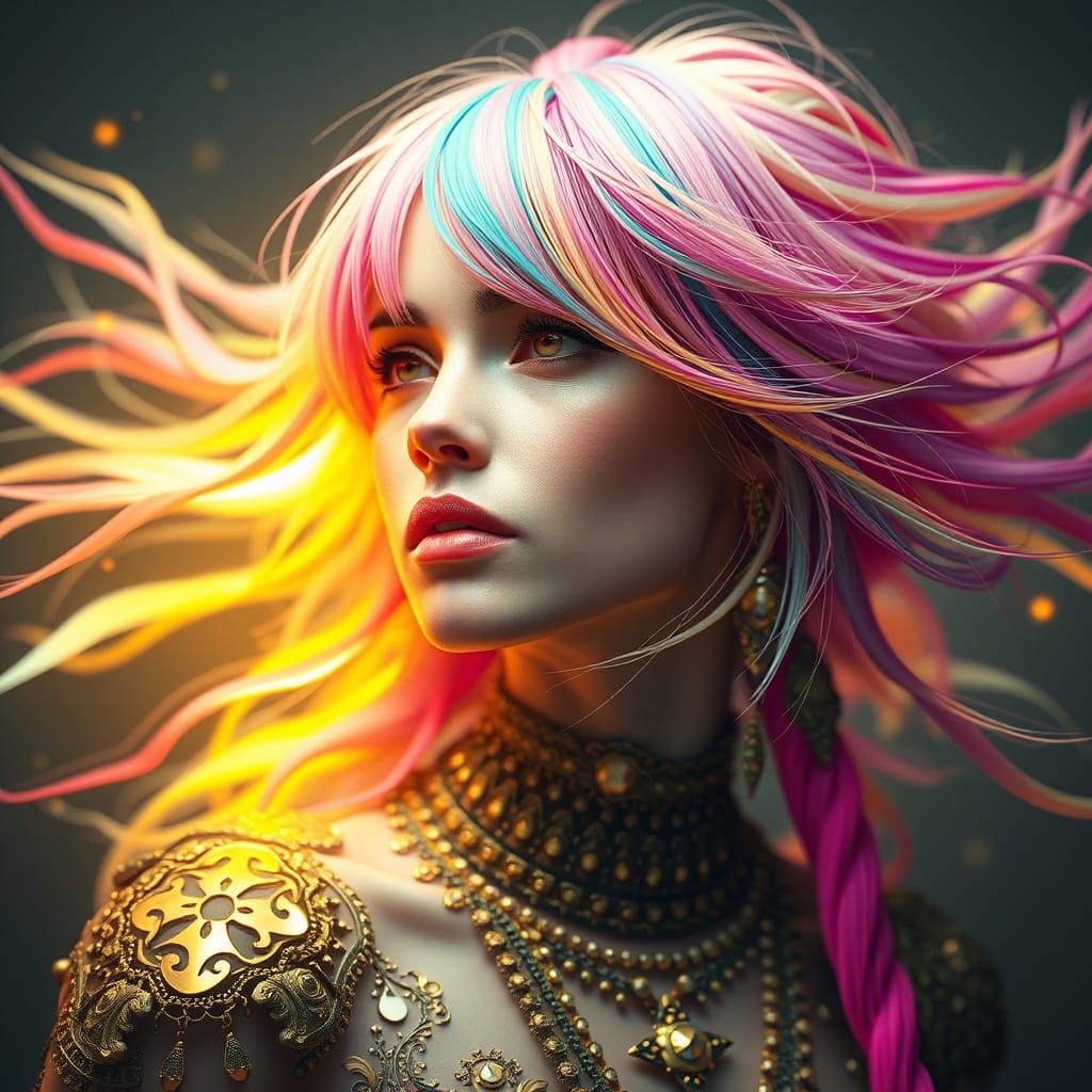 Woman with Rainbow Hair in Golden Light, 3D Cinematic Detail