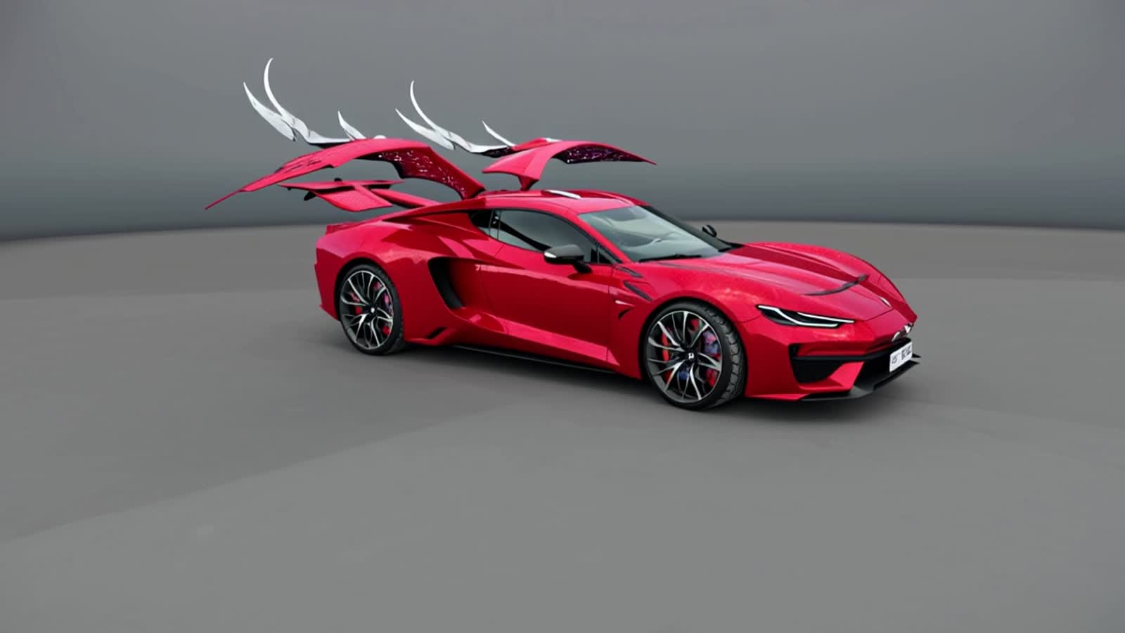 a red car flying made of dragon scales, with dragon wings.