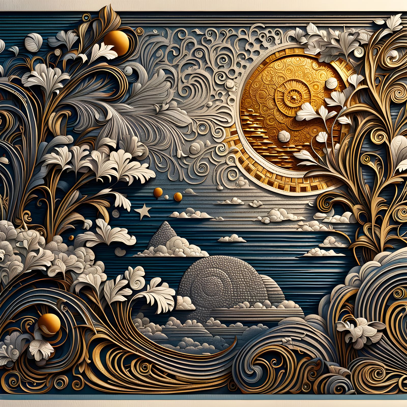 Surreal Metallalic Relief Carving of a Unique Scene