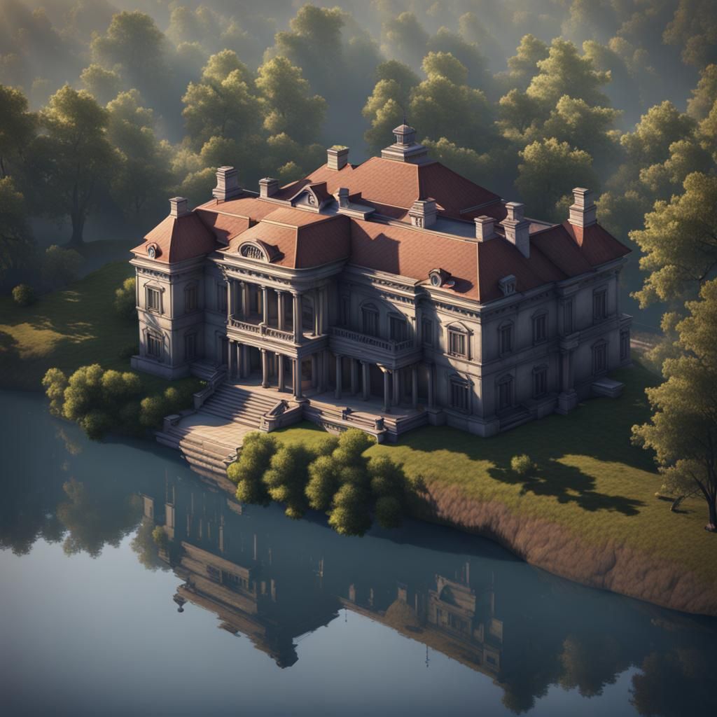 A big mansion next to a wide river