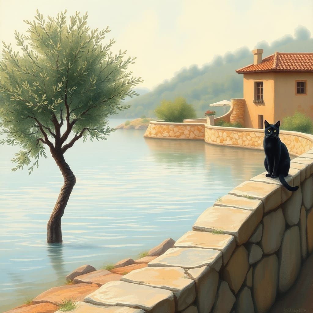 a cat on the wall on the landscape lake