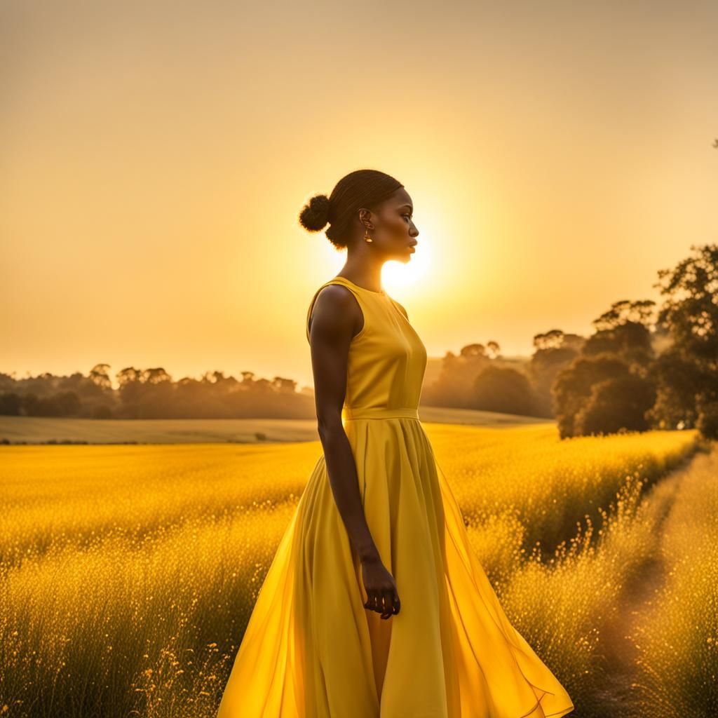 A woman in a yellow dress in the golden hour
