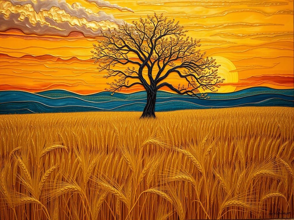 Encaustic Technique:  Golden landscape in the Wind.In the foreground, waves of tall houses and wheat ...  by @Kindly Offer