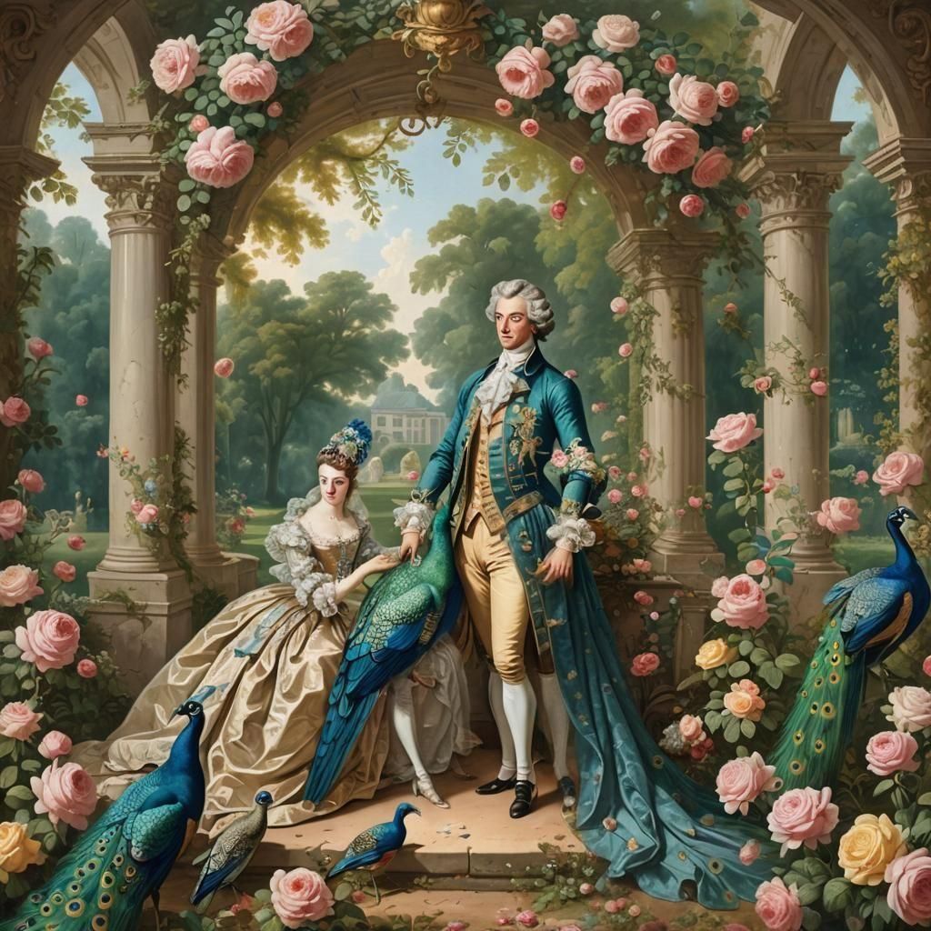 Rococo couple in a Palladian garden with roses and peacocks