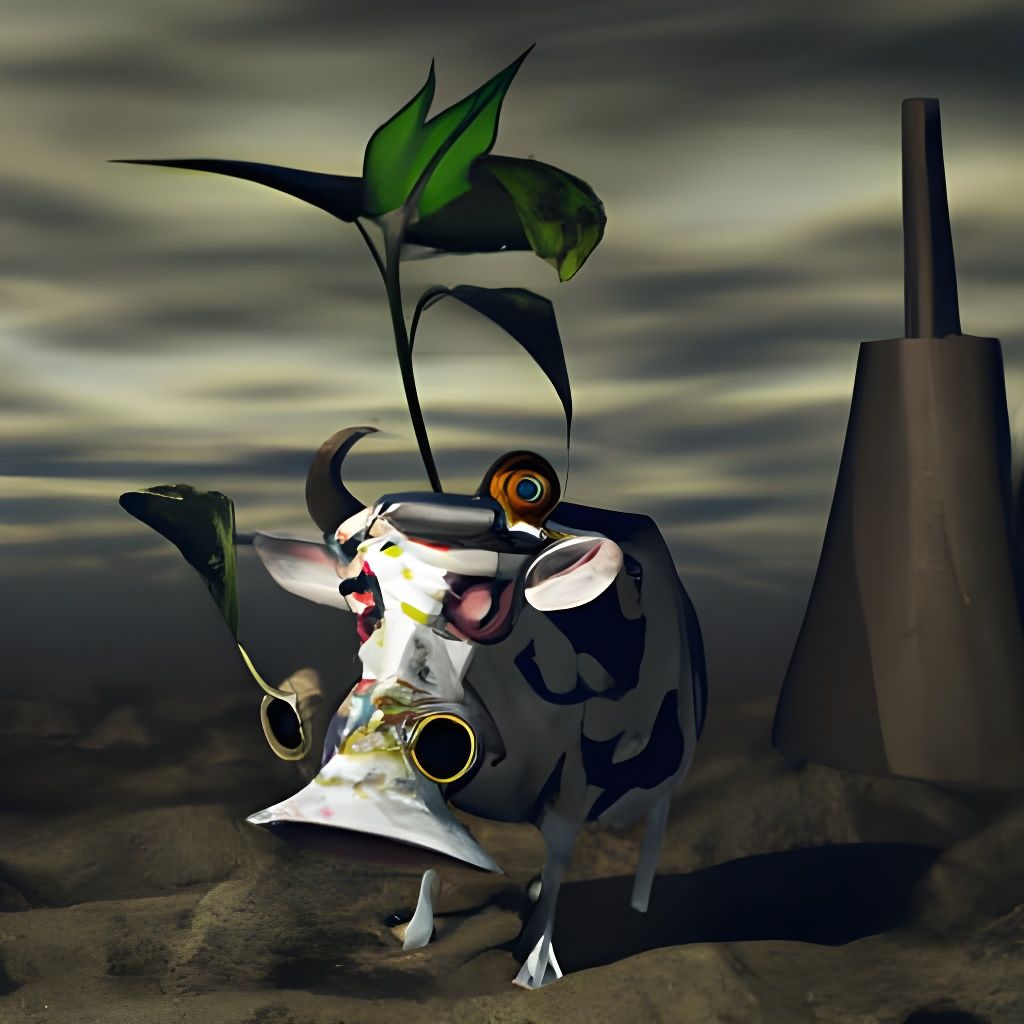 Surrealism. A lone, ancient snail-cow, adorned with a cracked porcelain mask and a tattered jester's hat, stands in a desolate, alien landsc...