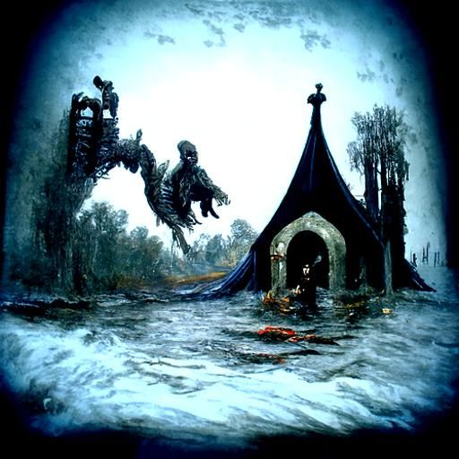 Gothic bouncy castle in a swamp