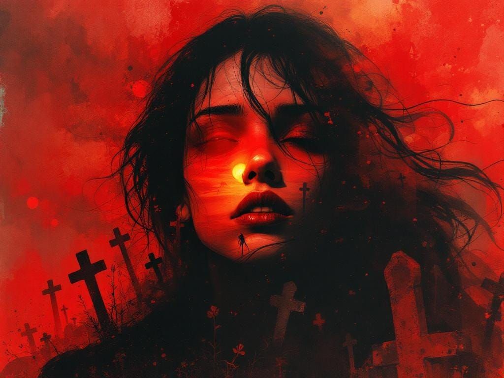 Ethereal Ghost Girl in Red Watercolour Cemetery Scene