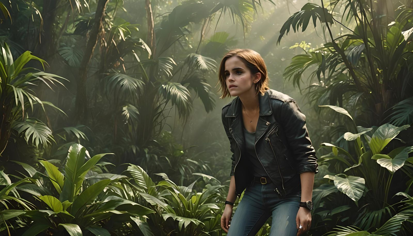 Emma Watson in the Jungle, worried about the carnivores AI Generated