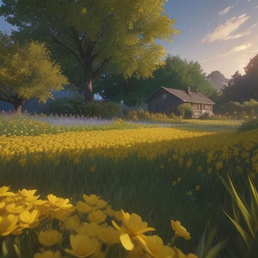 close-up of a rural garden with yellow flowers in golden hou...