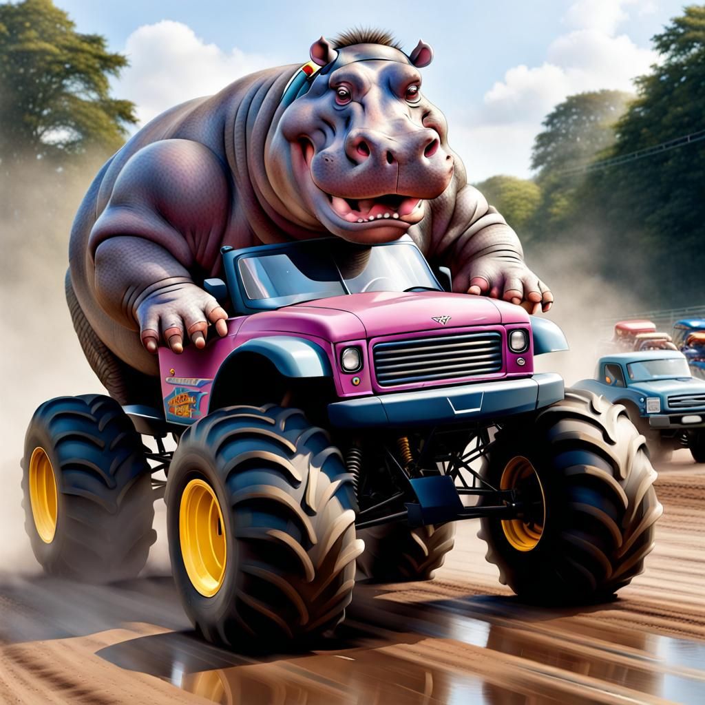 A. Hippo driving a monster truck - AI Generated Artwork - NightCafe Creator