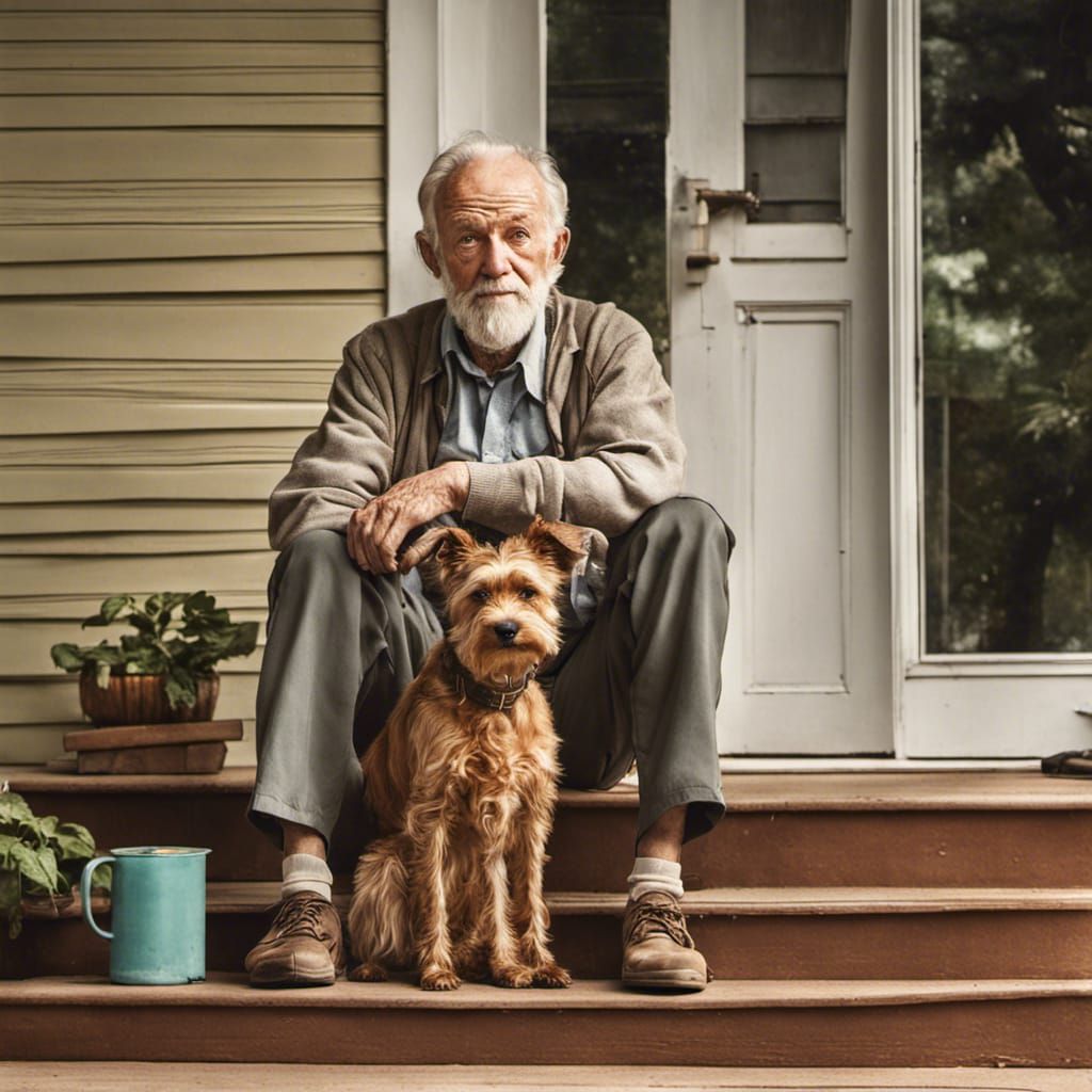 Old man and his brown terrier dog sitting together on front ...