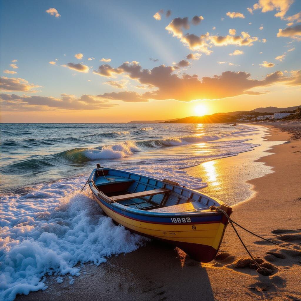 Serene Beach Sunset with Crashing Waves and Dolphins