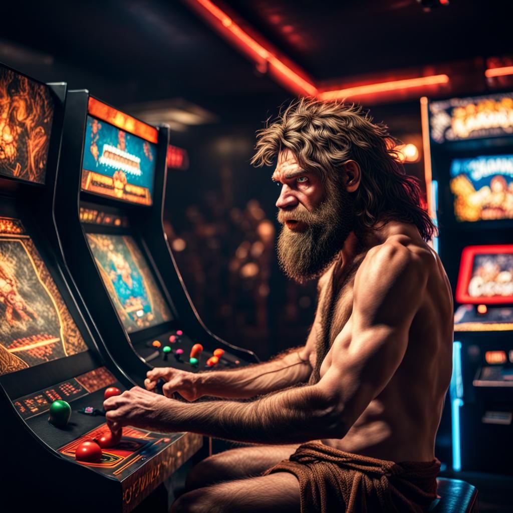 A Caveman in a video game Arcade playing a video game.   by @POP WIZARD