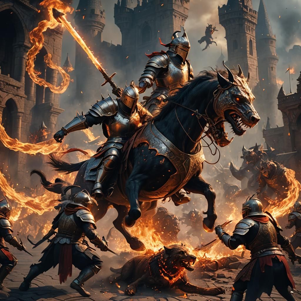 a knight fighting Cerberus while on fire