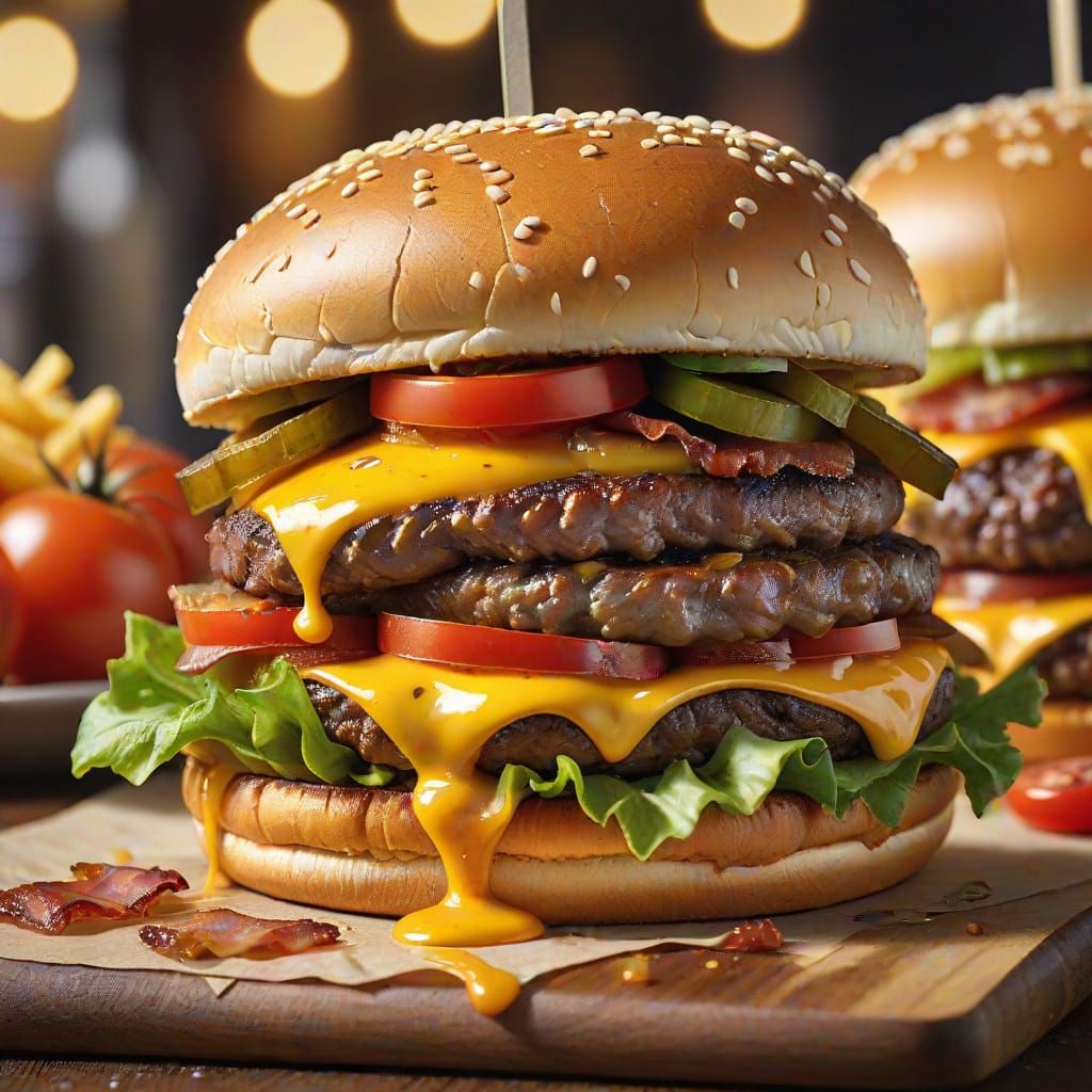 King size burger with a double steak, two layers of cheddar, some tomatoes and lettuce, a slice of bacon, ...  by @Spicy Prompt