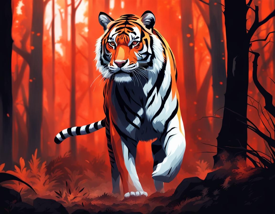 Tiger Strolling Through Red Forest in Anime Art