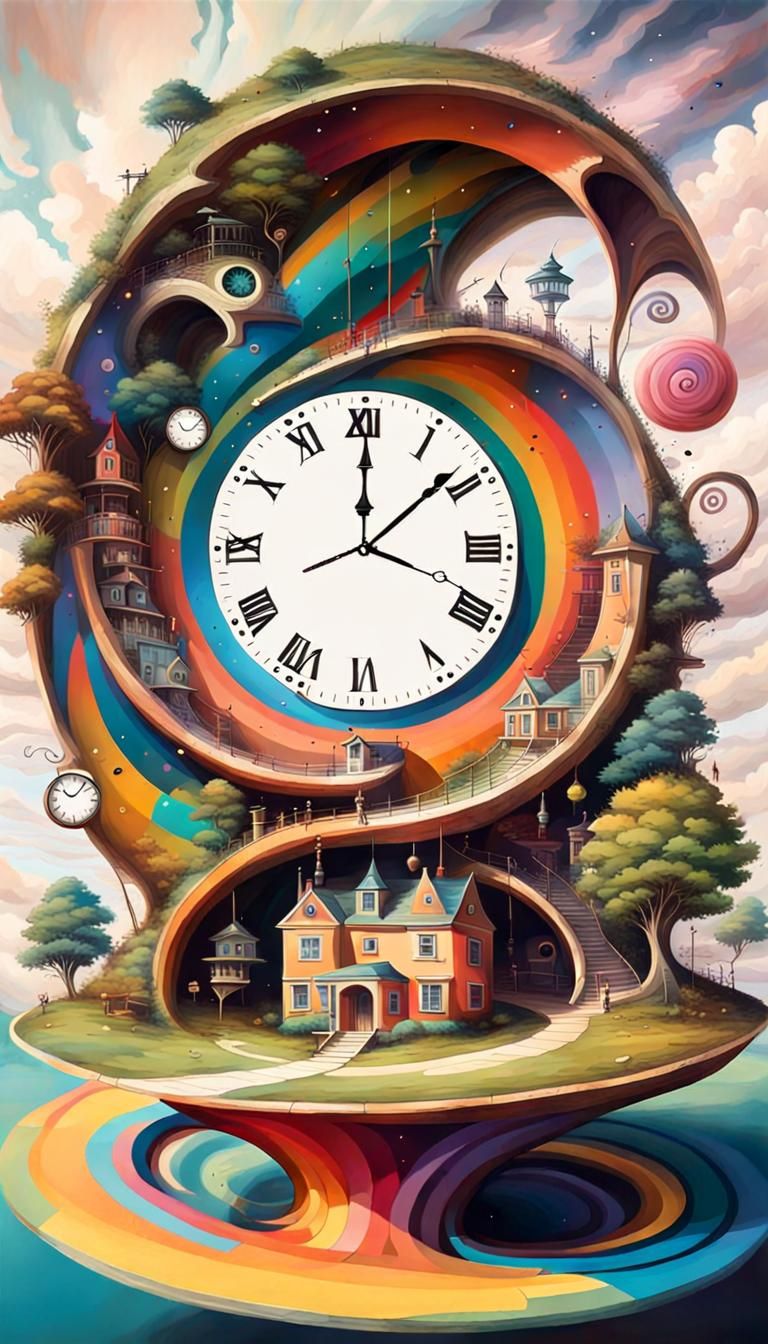 Eclectic Surrealist Fusion colorful neverland below floating spiralling clock above  by @FalleN 