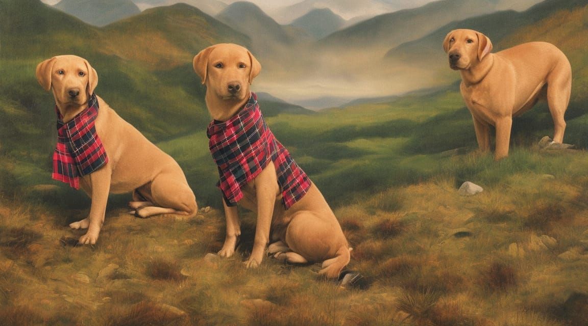 Labrador  in mountains wearing tartan  painting