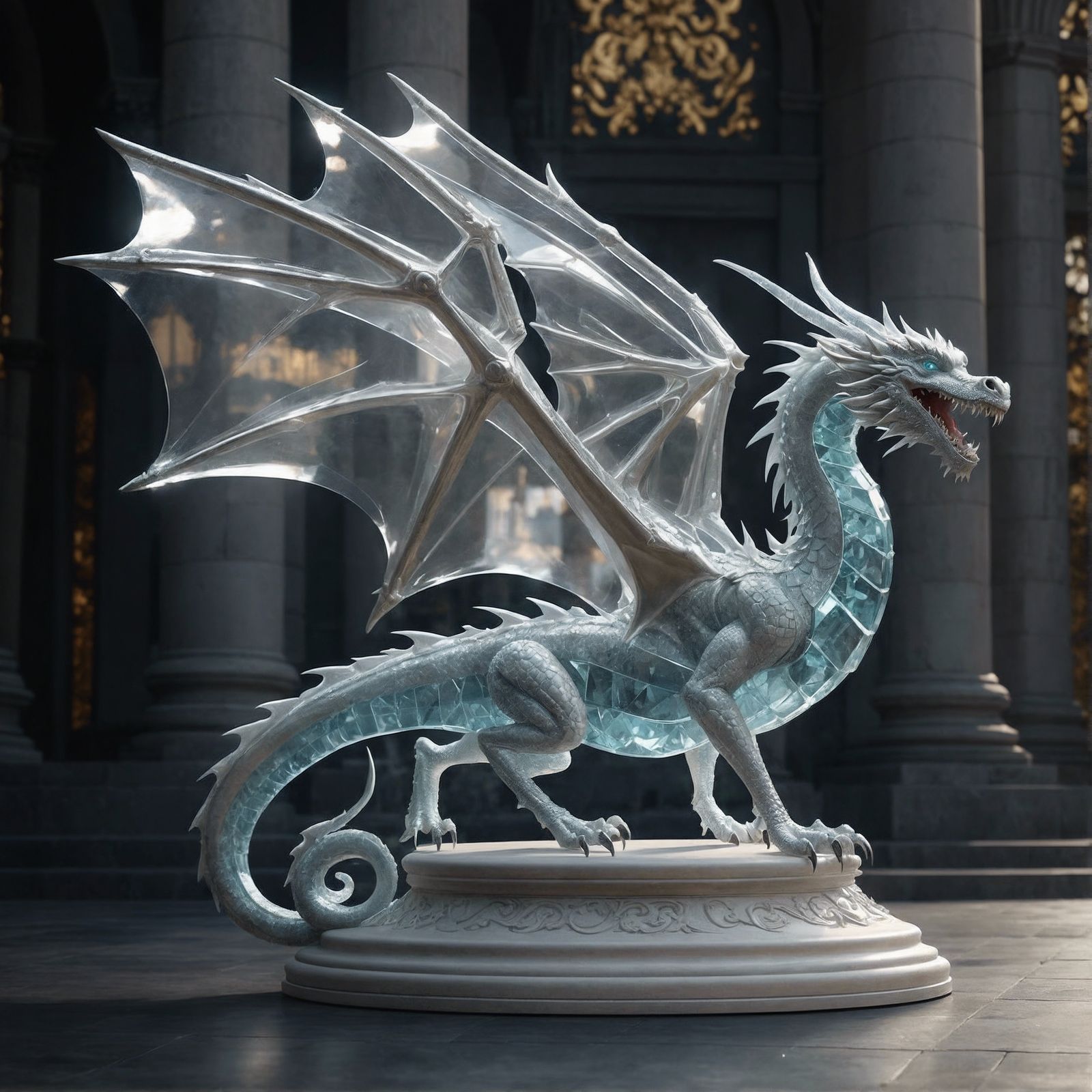 Semi Transparent White & Blue Dragon Statue