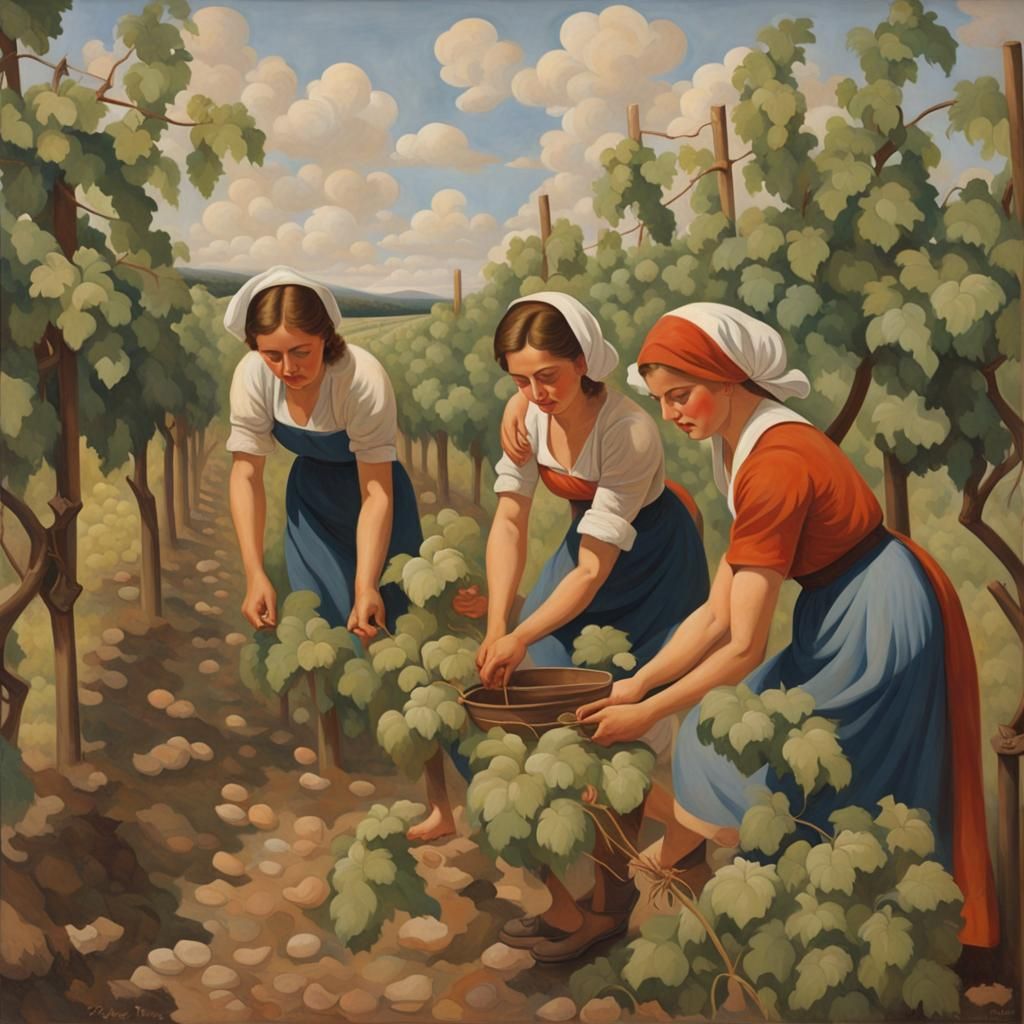 A Soviet realist mural of women working barefoot in a vineya...