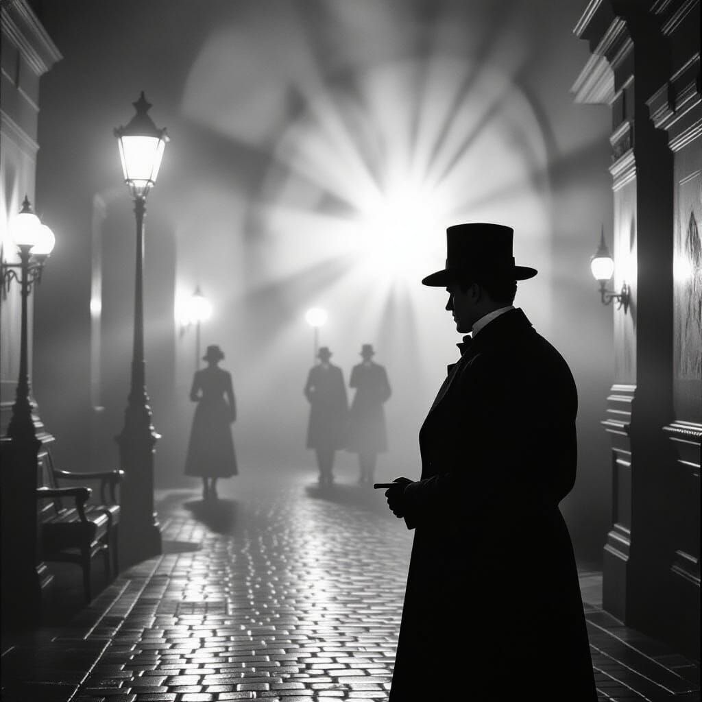 A nostalgic film scene in black and white reminiscent of an old silent horror film like The Cabinet of ...  by @MiTh93