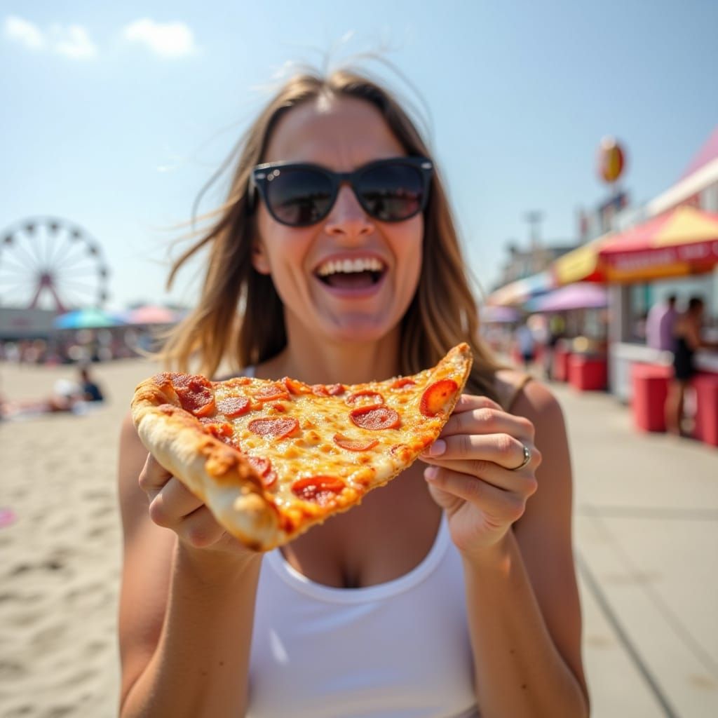 <lora:pizza:1.0> an attractive beautiful beach woman walking down the beach boardwalk carrying and eating a floppy giant NJ style slice of c...