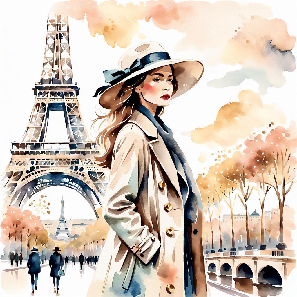 Elegant Woman in Paris: Watercolor Illustration