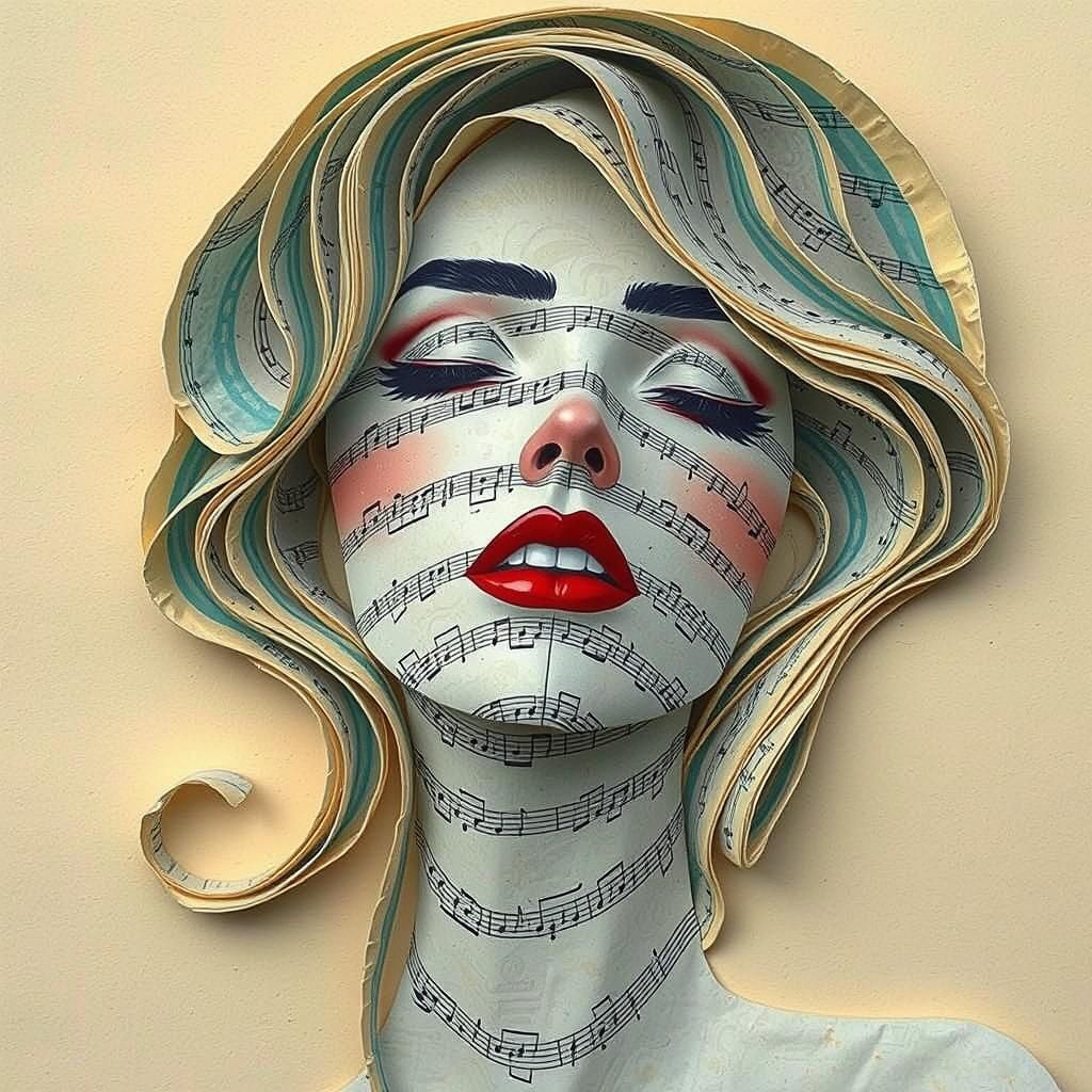 A stack of curling watermarked aged paper, papercut like a woman, is