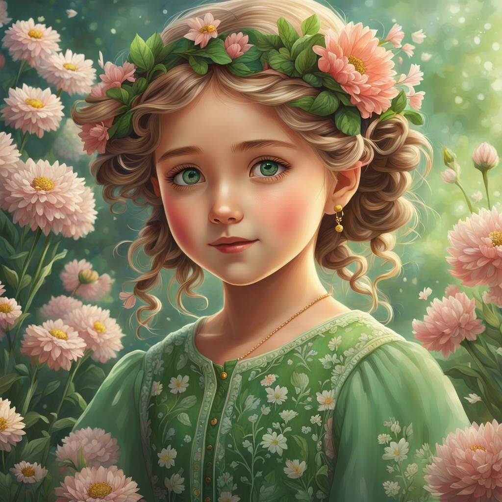 illustration of a young girl with green eyes and dresses, sh...