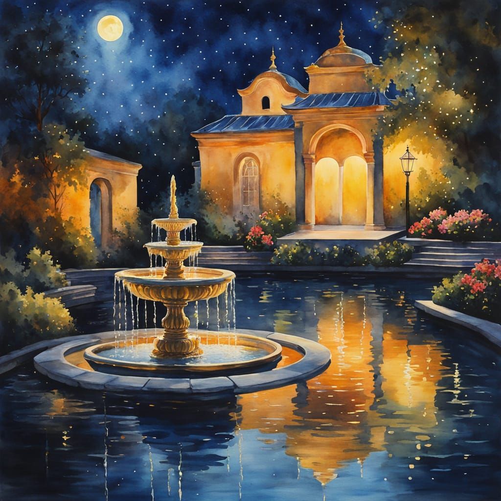 A watercolour painting showing a glowing fountain in a moonlit courtyard, with night sky reflections ...  by @Joseph