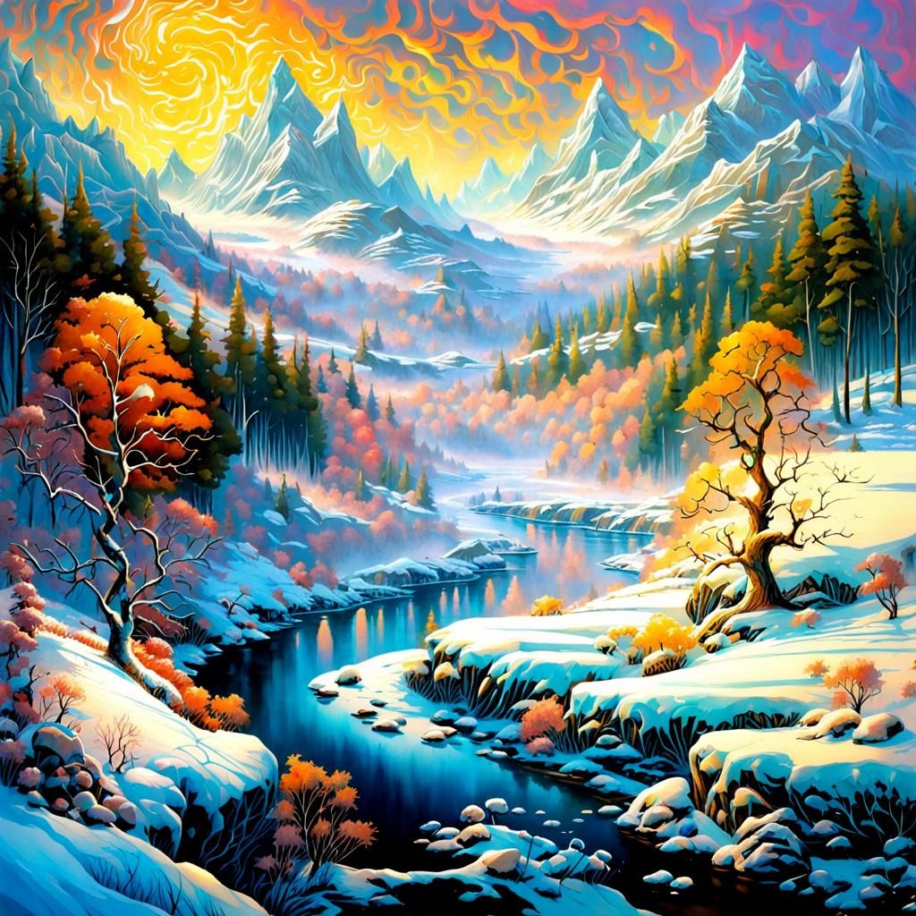 Meandering river in winter wonderland.