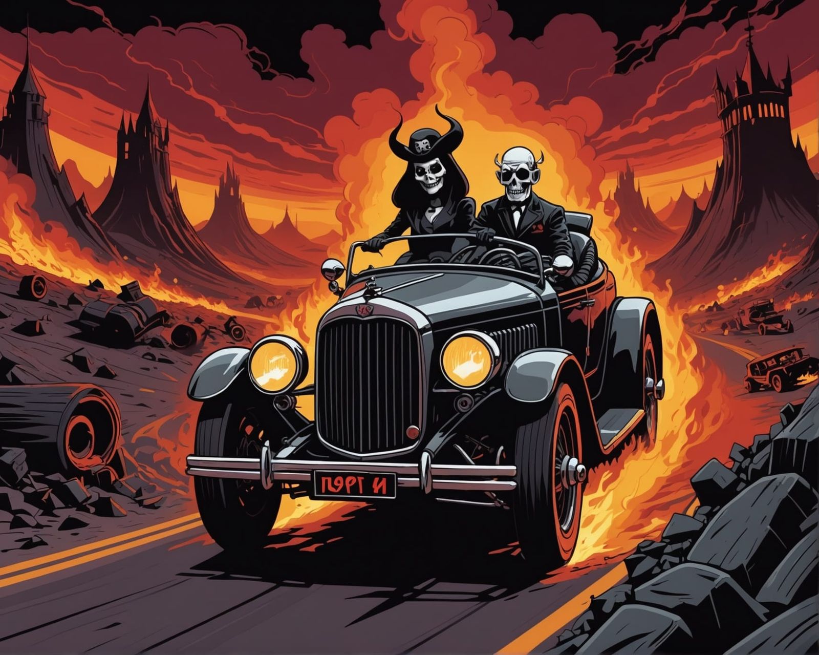 Wacky Races Penelope Pitstop driving through hell, sinister illustration, epic hellscape background, ...  by @Simon