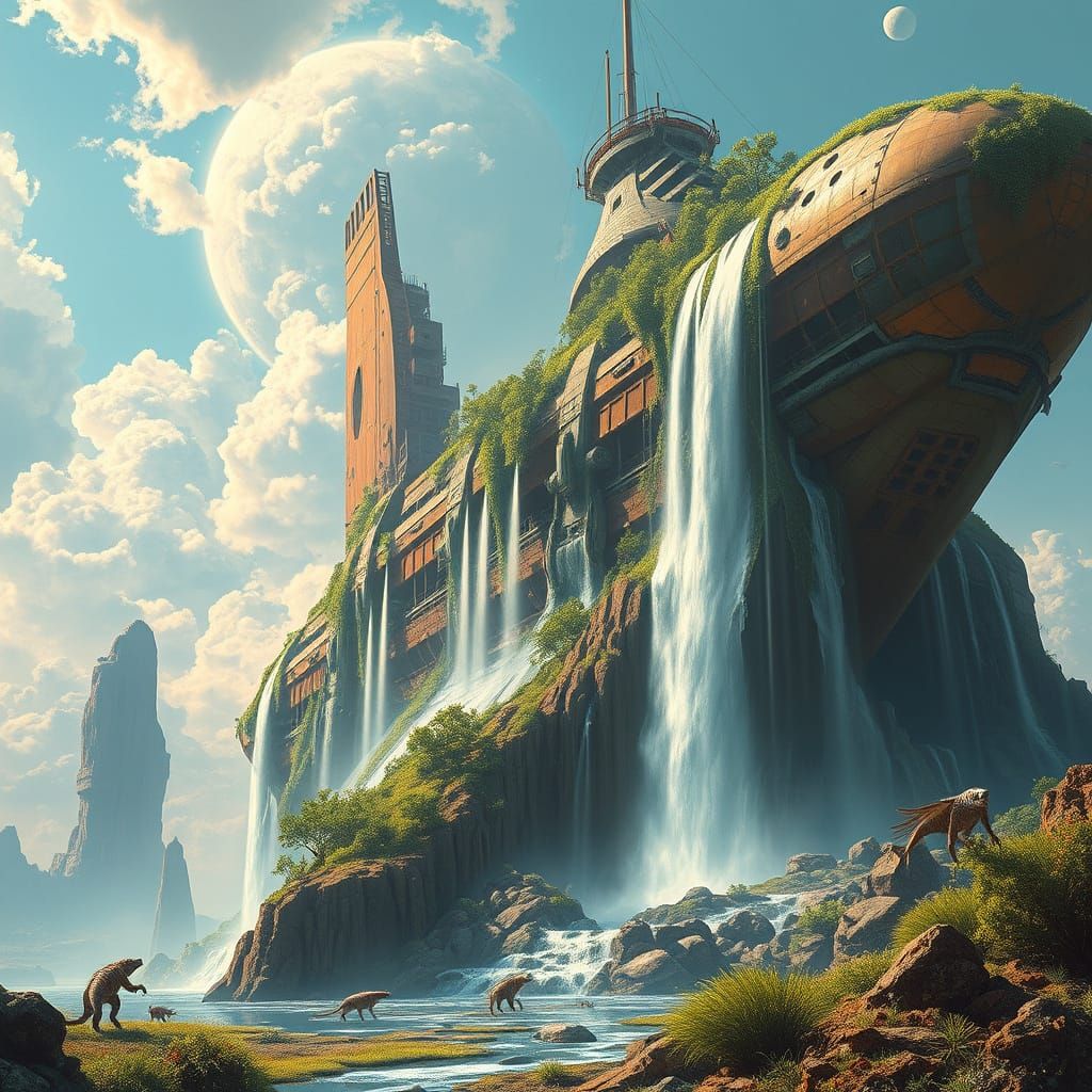 picture a majestic waterfall cascading down the side of a colossal, derelict spaceship stranded on an ...  by @Markoss