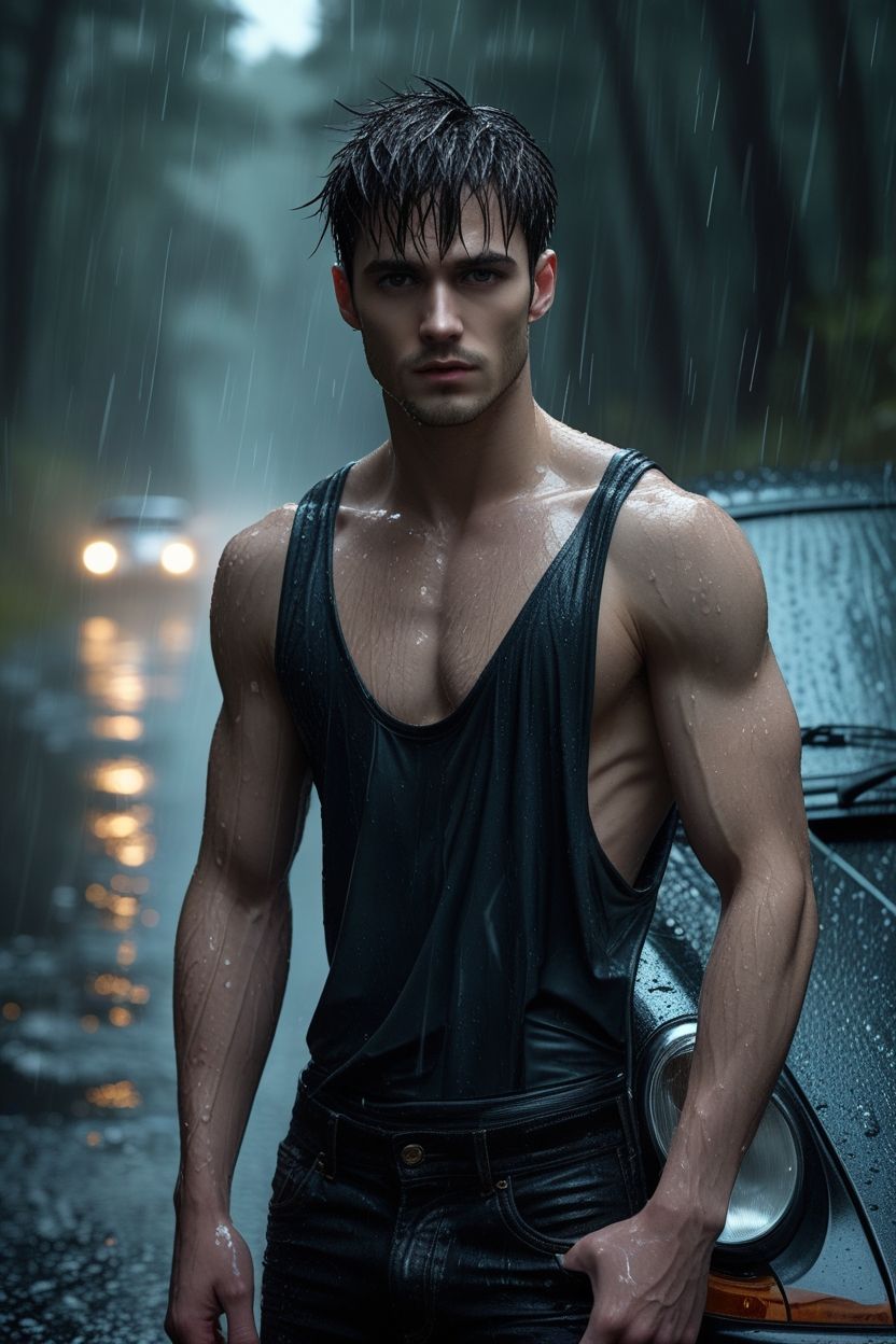 Handsome guy in rain