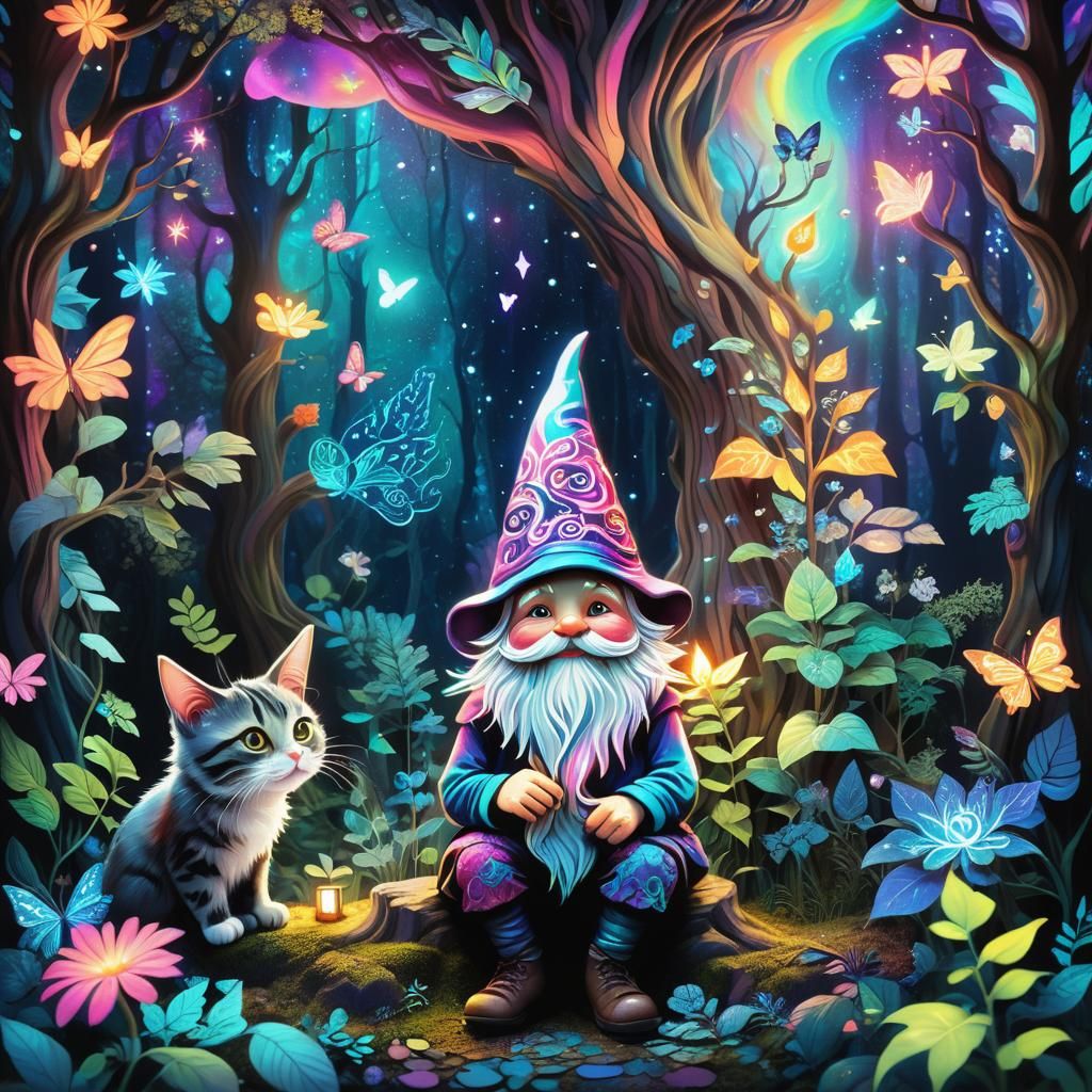 Gnome and cat in the forest abstract vector fractal, wave function, Zentangle, 3d shading 8k resolution ...  by @HIKER