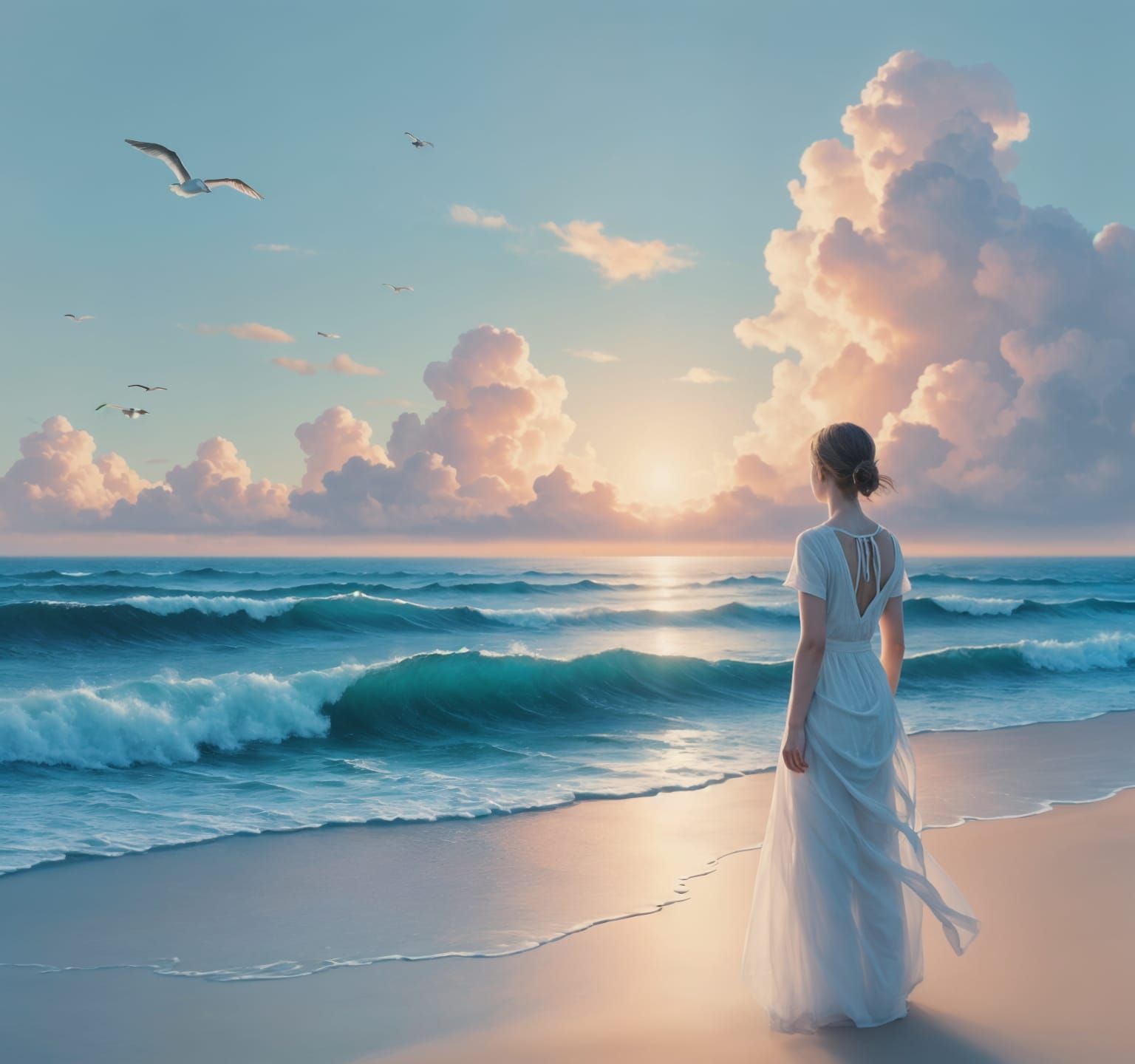 Beautiful sunset by the sea, a painting in the style of seascape, 8k resolution artwork, seagulls, show a lot of beach and also the waves an...