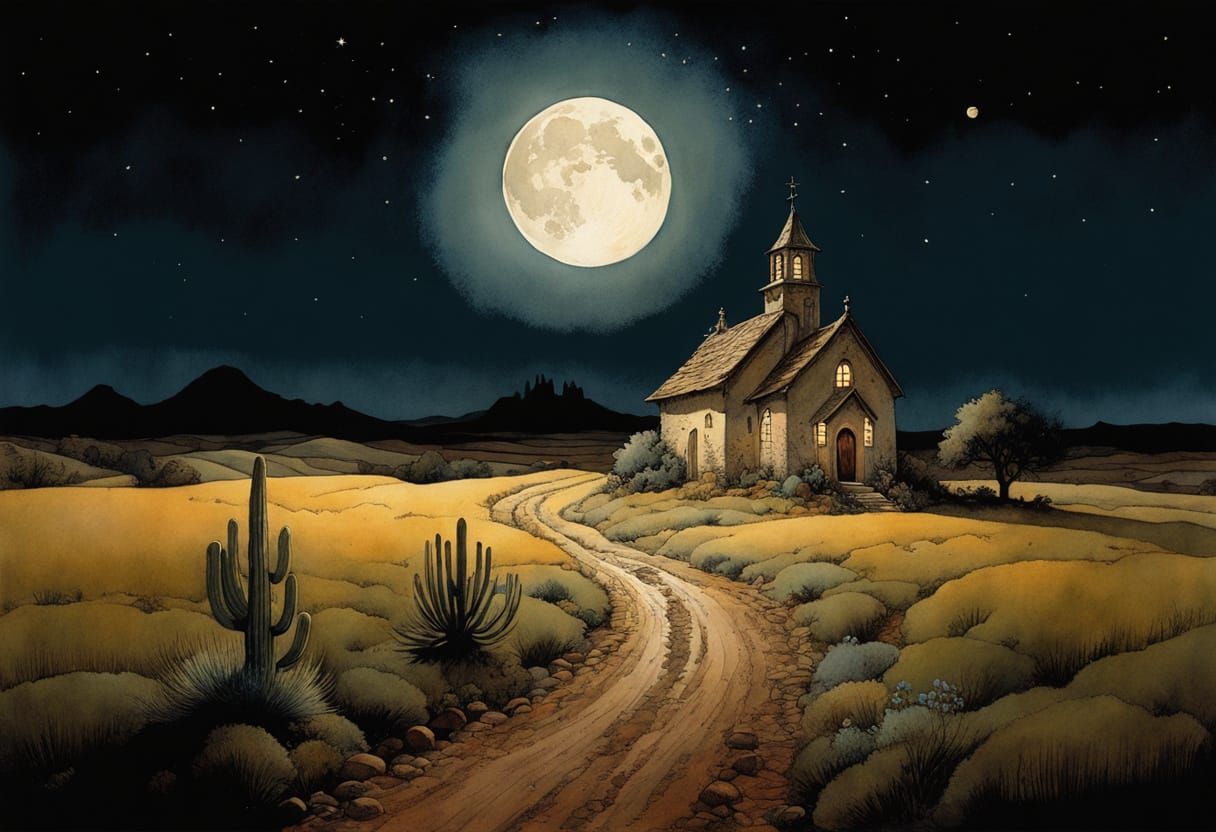 Arizona Night Landscape in Storybook Illustration Style
