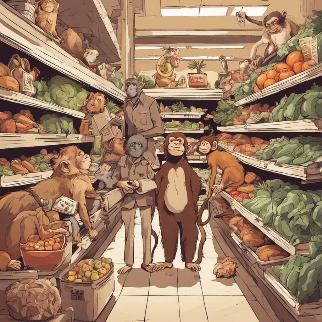 Grocery store with monkey cashiers and animals shopping in the animal kingdom