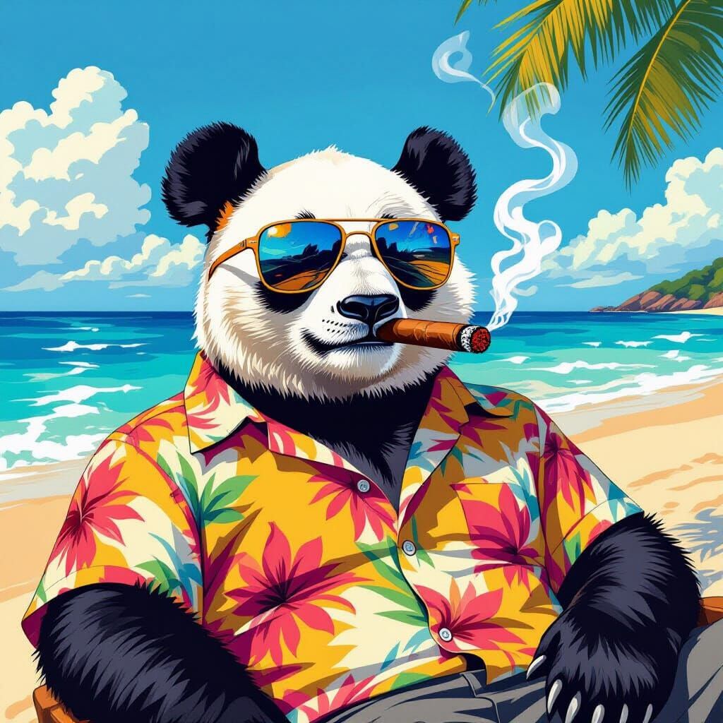 Panda Bear Smokes Cigar on Sunny Beach
