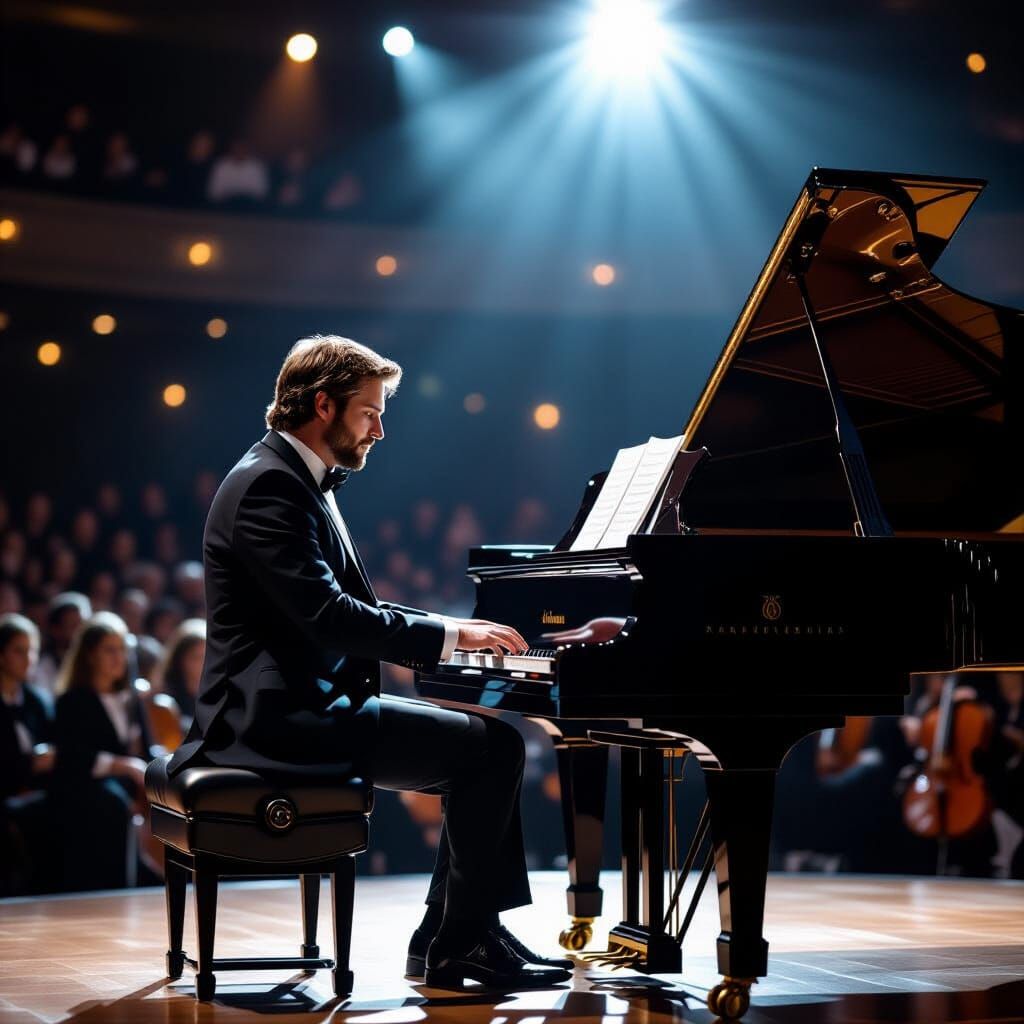 Man Plays Piano on Stage in Leibovitz Style