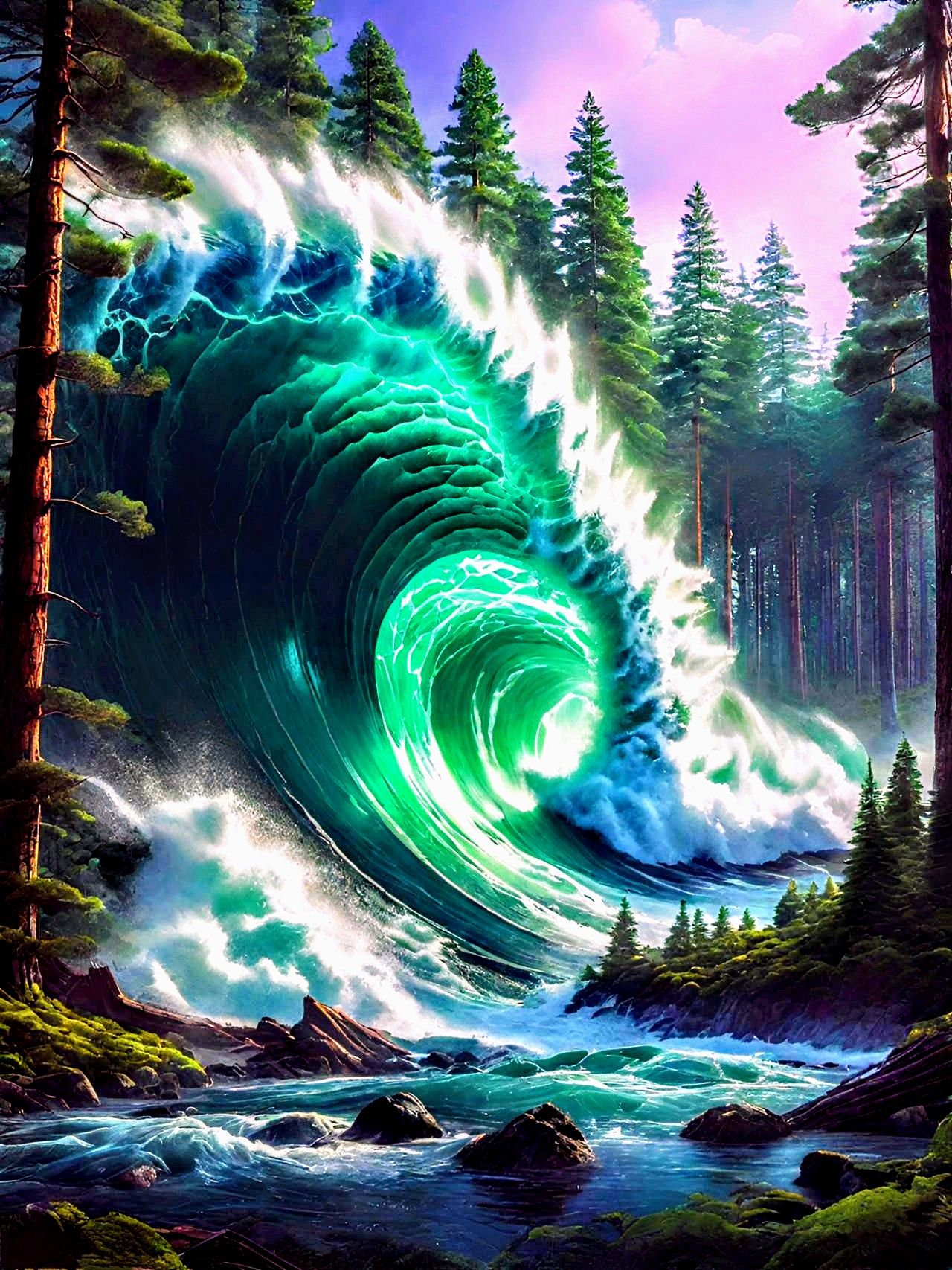 Epic tidal wave crashing through the forest