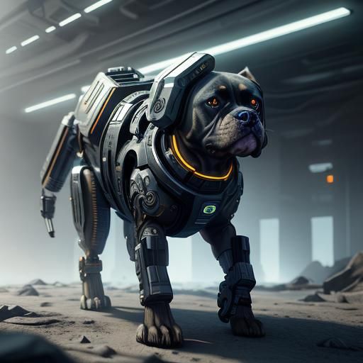 Cyborg dog assisting its owner in a high-tech environment.