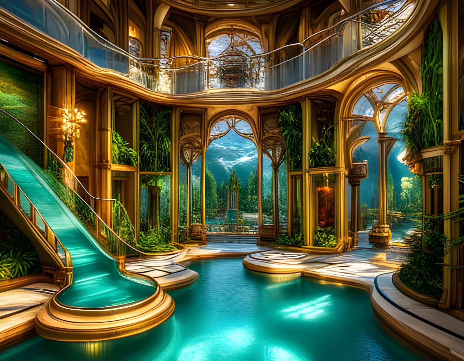 Swimming Pool with a Slide  by @undefined