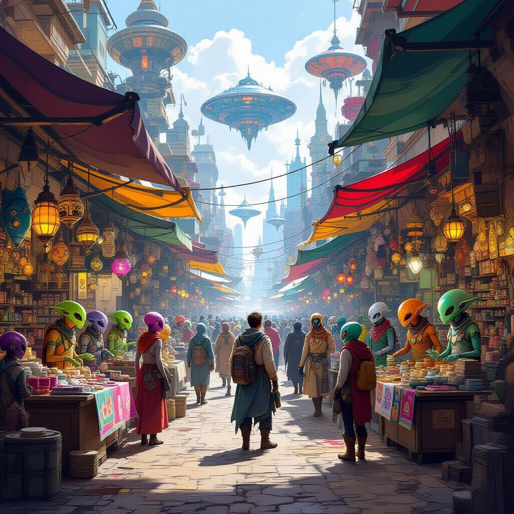 A bustling alien marketplace filled with colourful stalls and strange extraterrestrial traders of many ...  by @Aspen