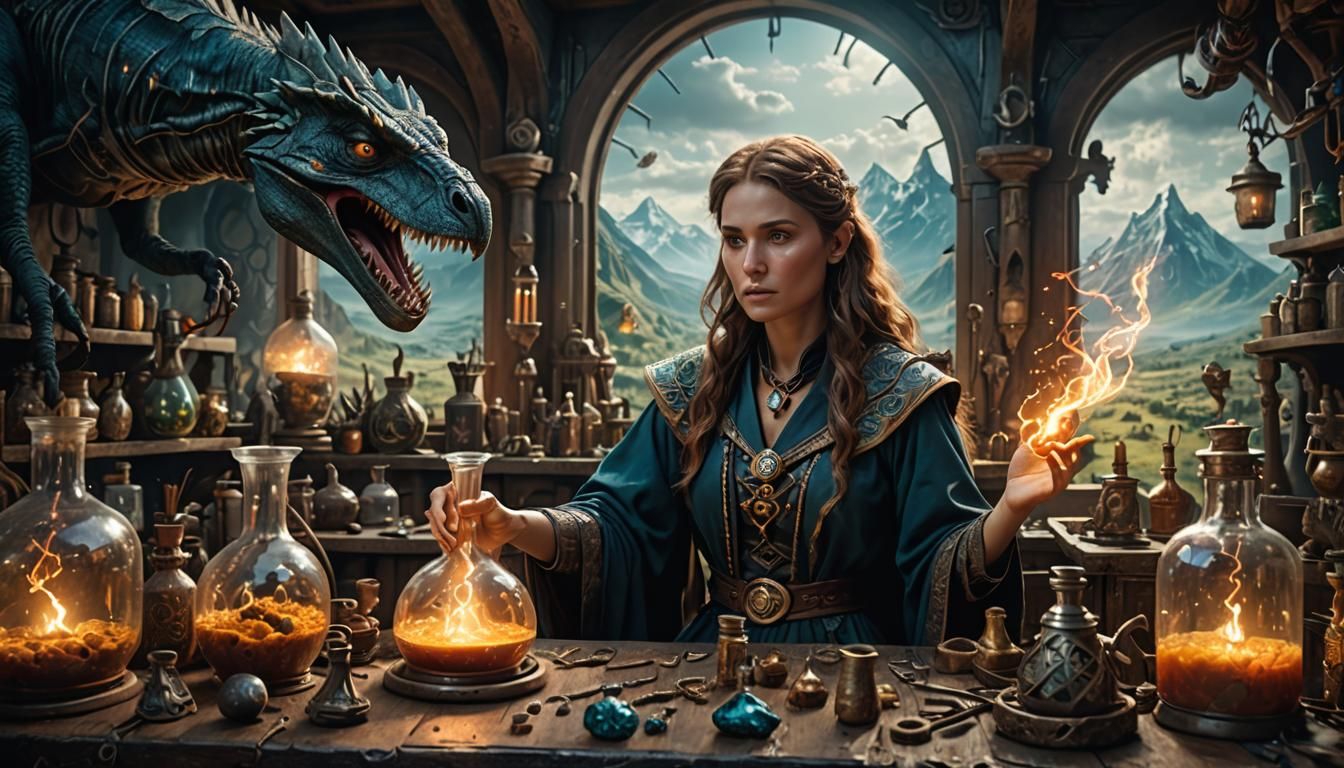 "Hyper Detailed beautiful A sorceress is in her laboratory e...