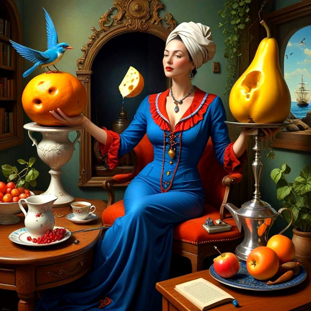 Surrealistic Portrait of a Happy Lady in Vibrant Surrounding...