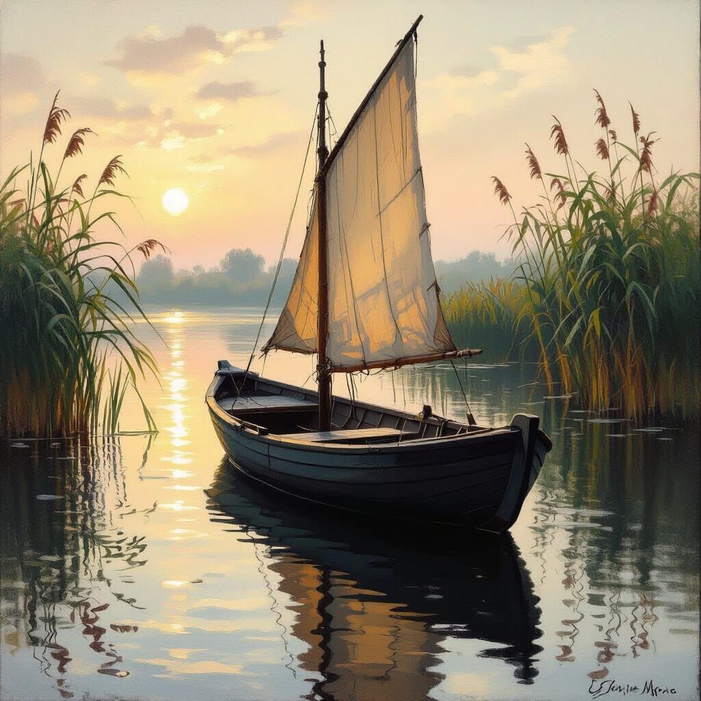 Small Boat on Pond in Impressionist Style