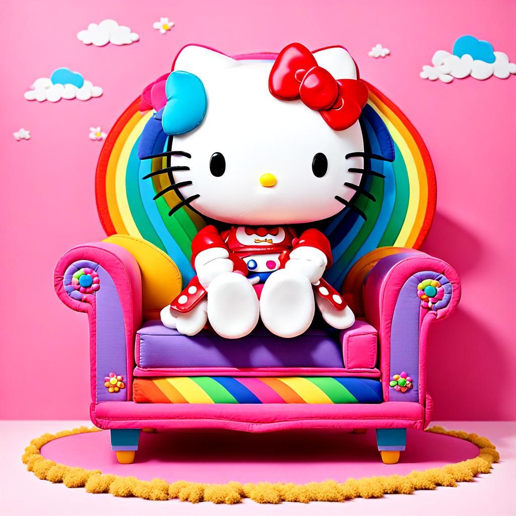 Hello kitty sitting on her rainbow couch
