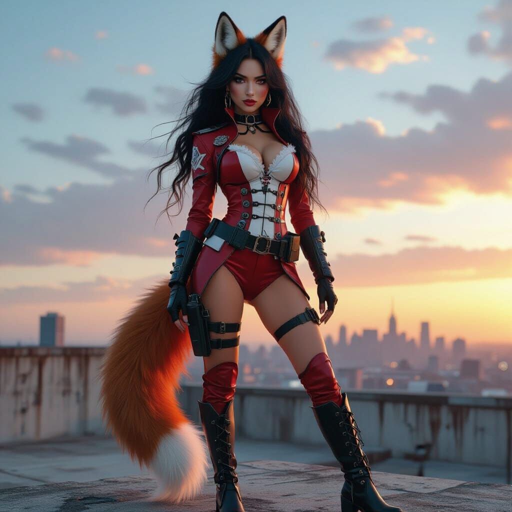 Create a hyper-realistic image of an action scene featuring Vanessa Fox, a young and extremely attractive fox goddess in her human form. Her...